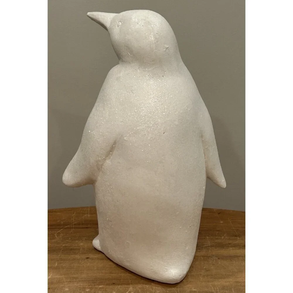 Holiday Decor White Penguin Resin Statue Figure Glittery 15” Contemporary Prop